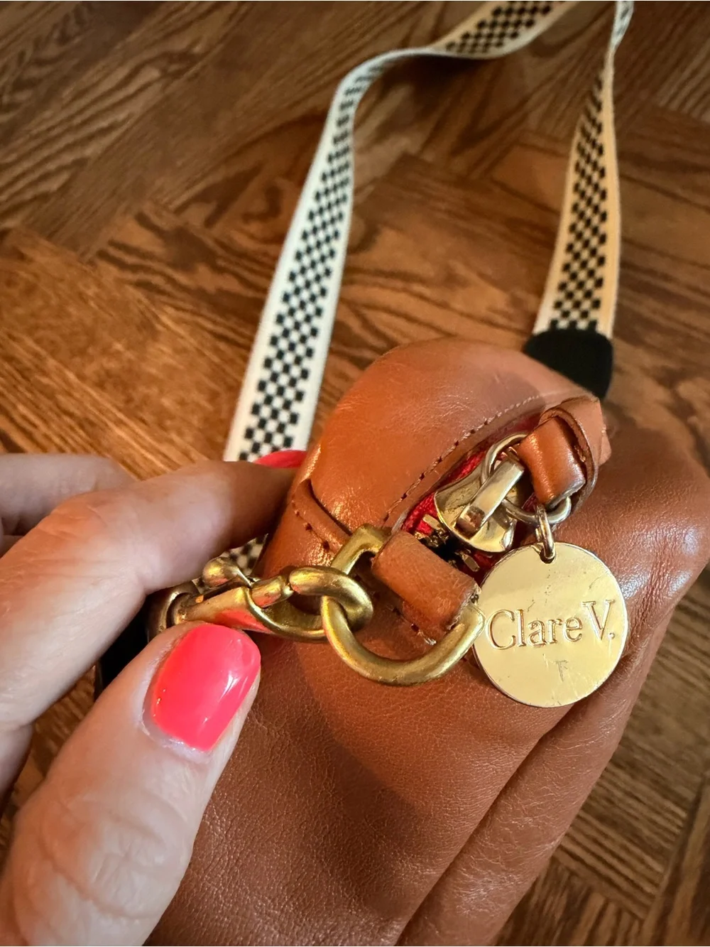 Clare V Midi Sac in Tan with Stripes and Checkered Crossbody Strap